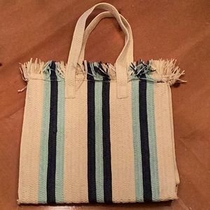BTB Los Angeles Large Fringe Top Cream with Blue Stripes Straw Tote *New No Tag